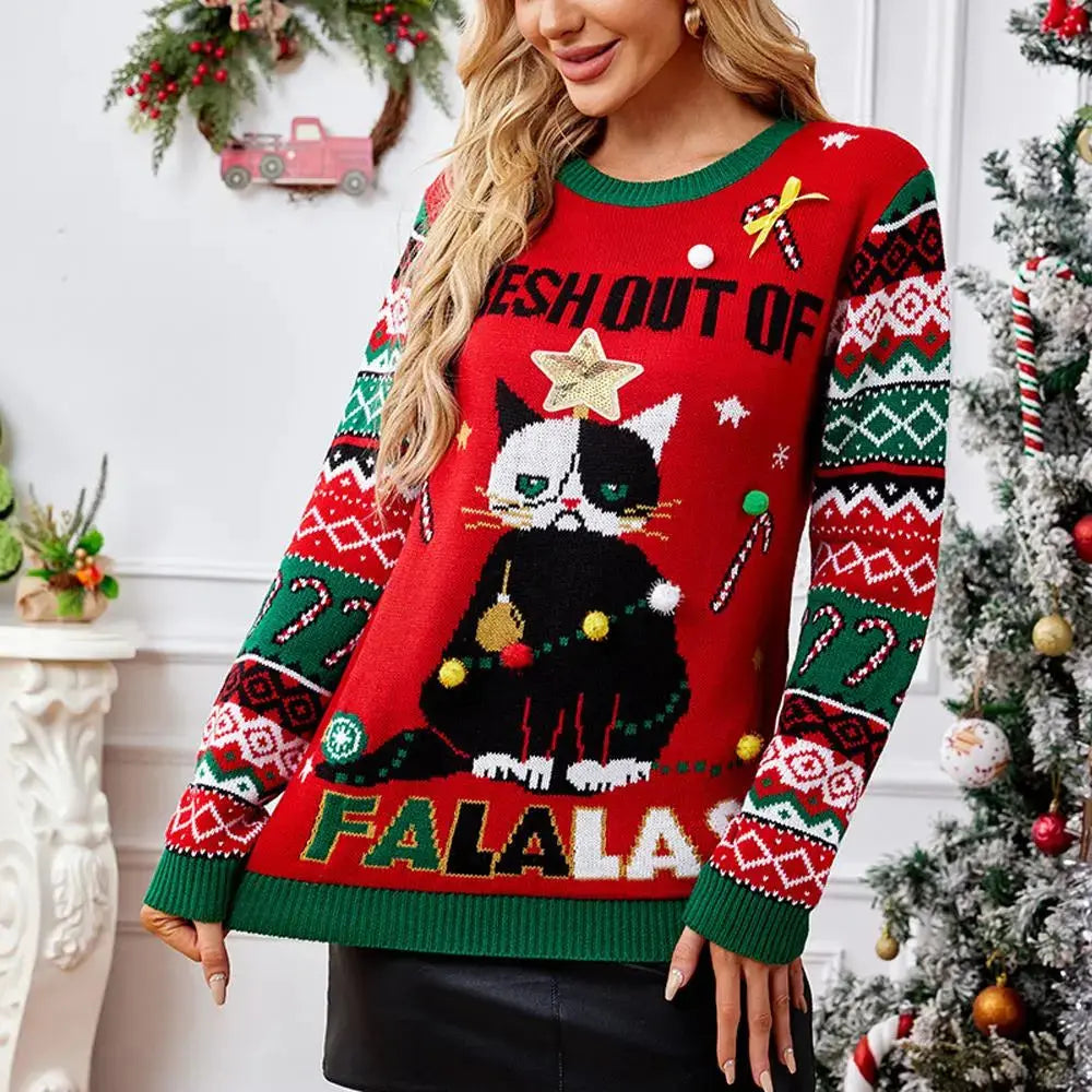 Women's Ugly Christmas Sweater Ugly Cat Prints Round Neck Cozy Knit for Festive Christmas|?PajmasBuy