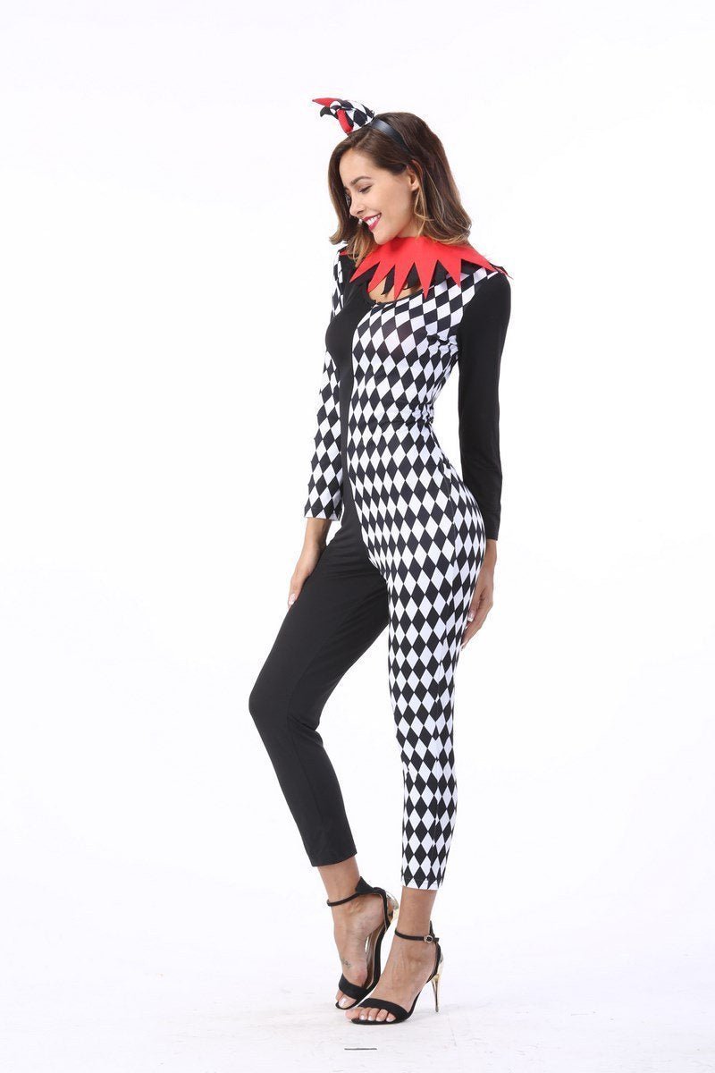 BuyAdult Women Circus Clown Halloween Costume Jumpsuit Contrast Color Now Cheaper With 3 - 5 Days Ship - PajamasBuy