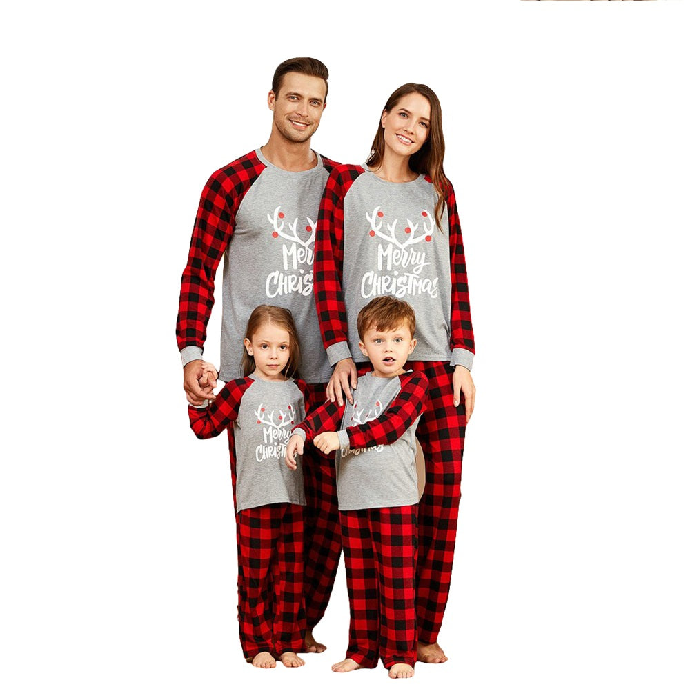 Christmas Family Matching Deer Print Plaid Pajamas Two Pieces Set