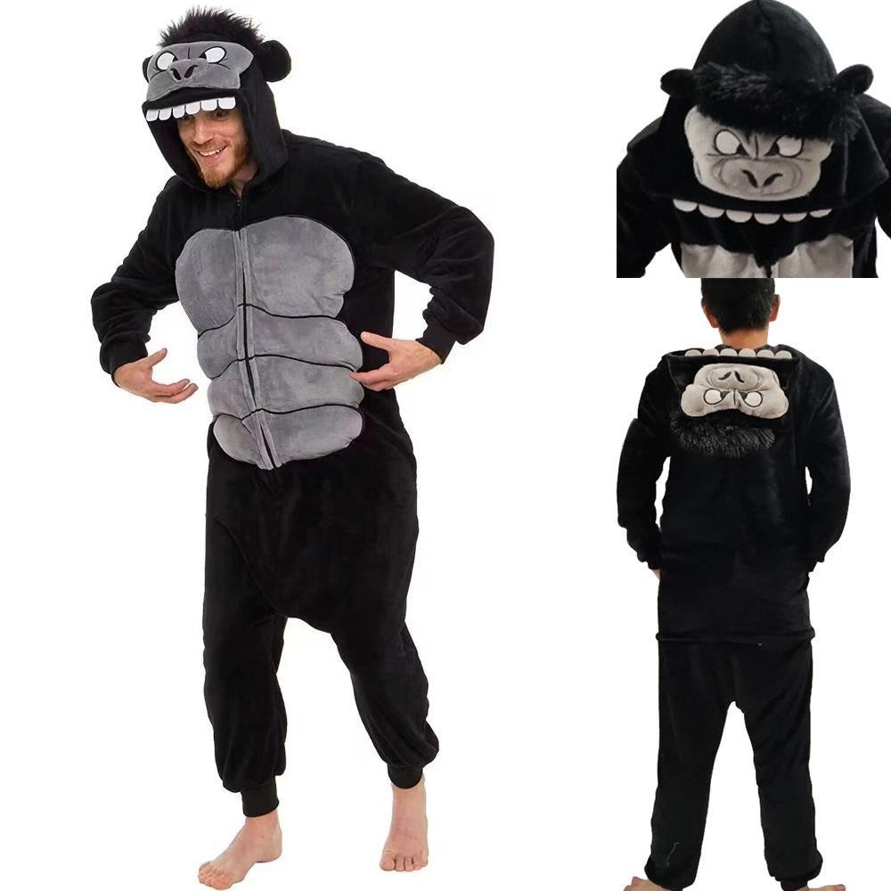 Black King Kong Costume Suit Cartoon Animal Kigurumi Flannel Onesie for Adults - Pajamasbuy