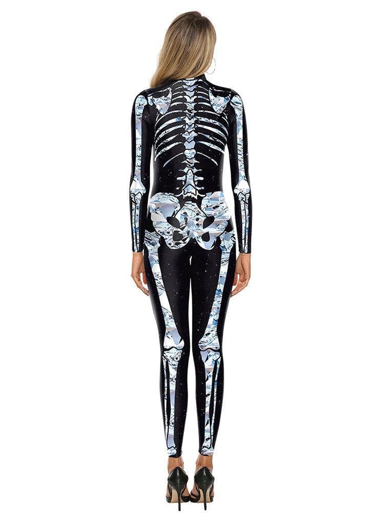 BuyHalloween White Skeleton Elastic Bodycon Jumpsuit Cosplay Costume Now Cheaper With 3 - 5 Days Ship - PajamasBuy