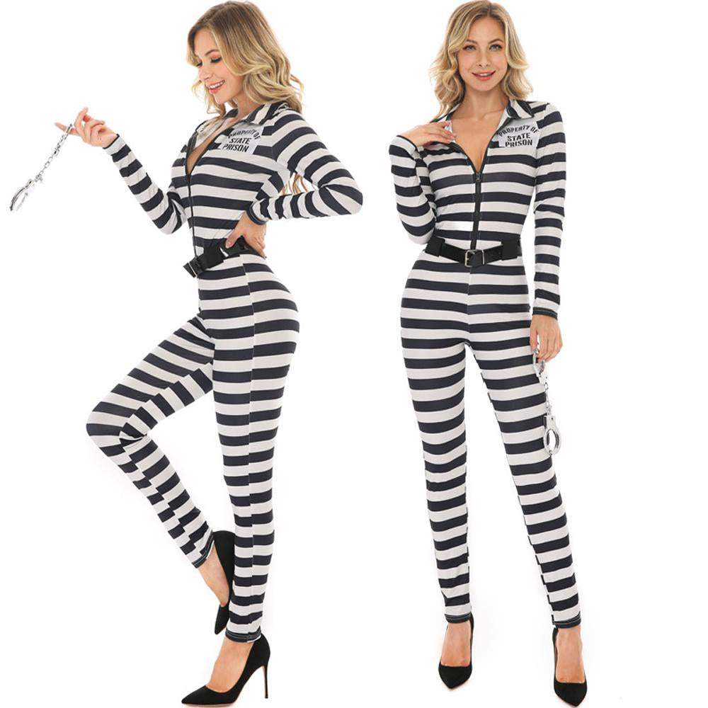 BuyHalloween woman black and white striped prisoner costume Now Cheaper With 3 - 5 Days Ship - PajamasBuy