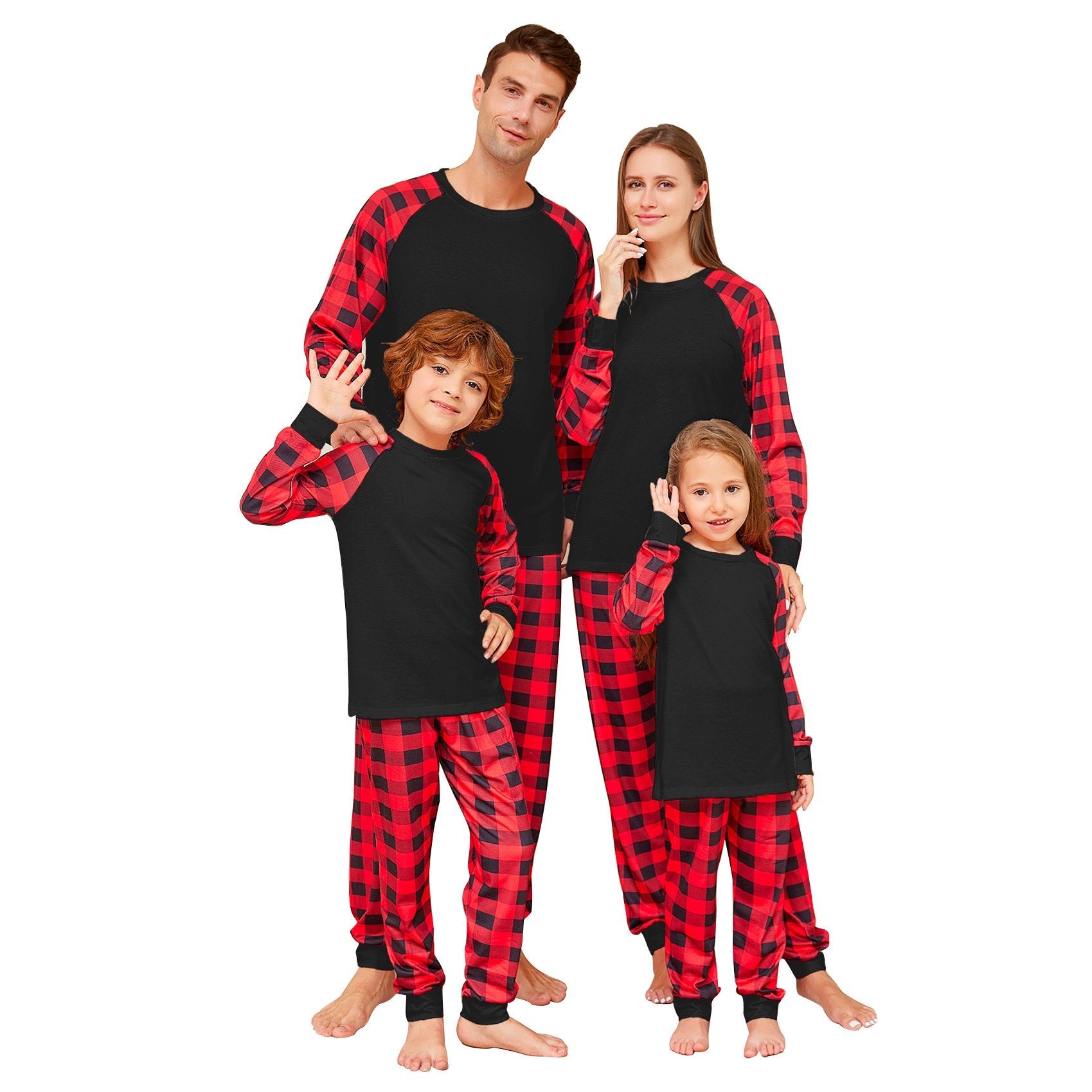 Black Solid Color Plaid Print Christmas Family Couples Matching Pajamas Party Sets