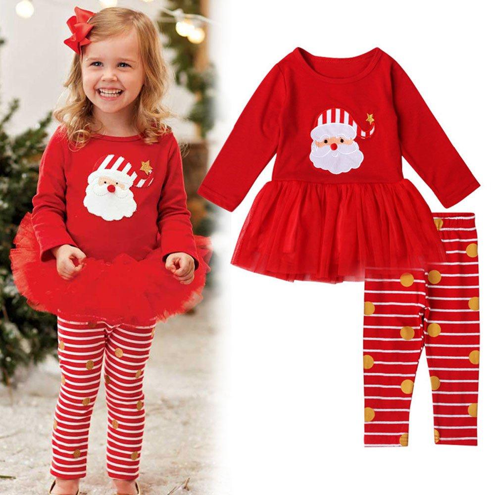 Christmas Santa Claus Long-sleeved Striped Trousers Two Piece Suit for Girls