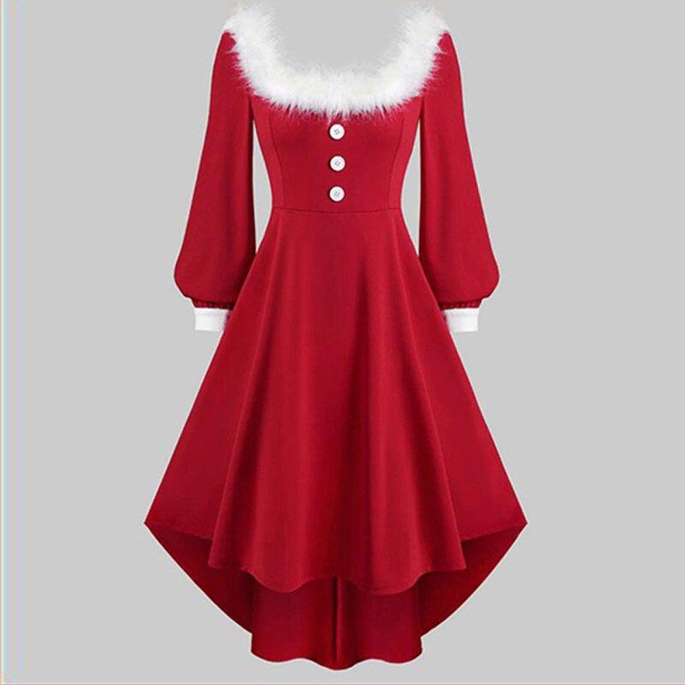 Christmas Costumes Red Long Sleeve Button Plush Princess Dress