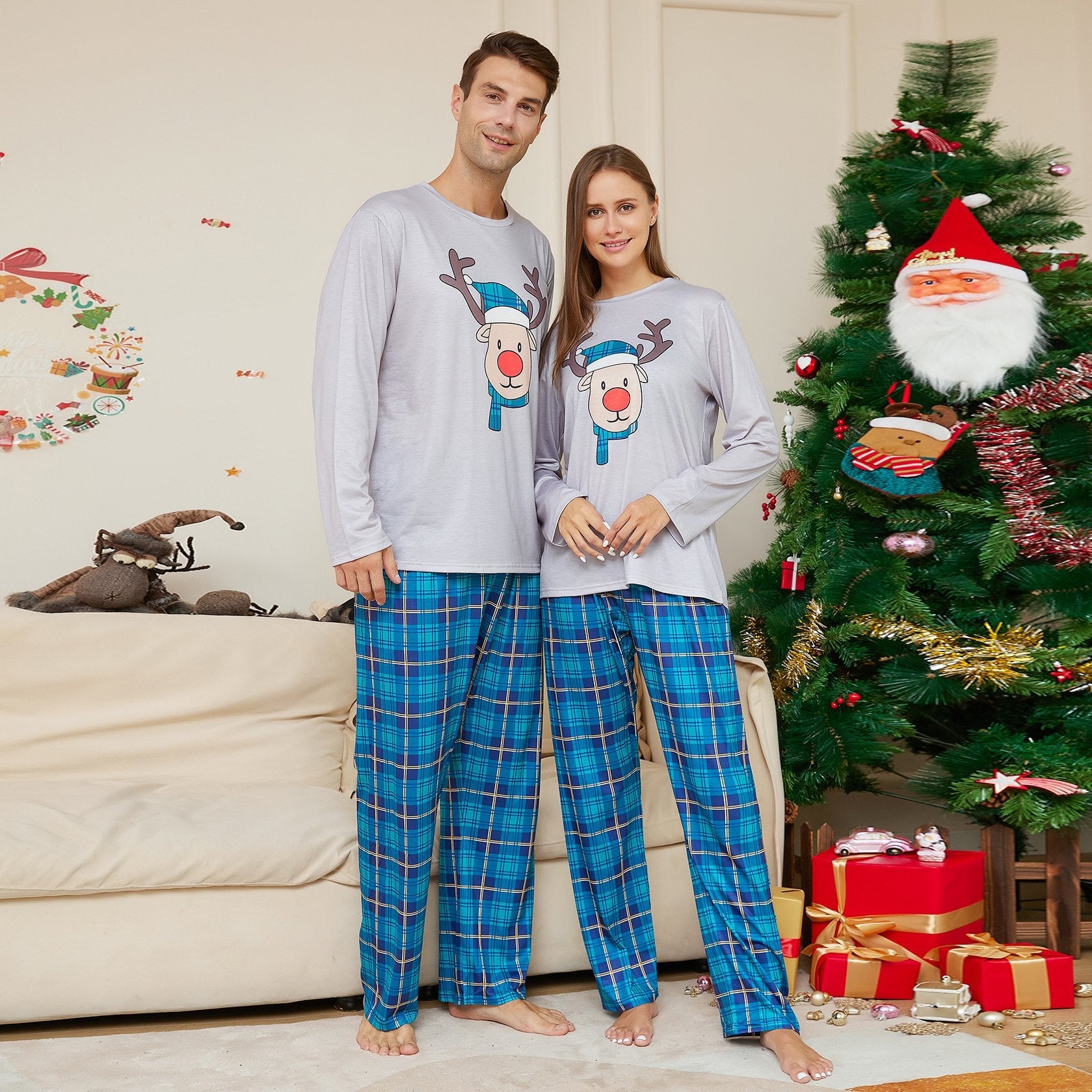 Deer Head Blue Plaid Crew Neck Christmas Family Couples Matching Pajamas Party Sets