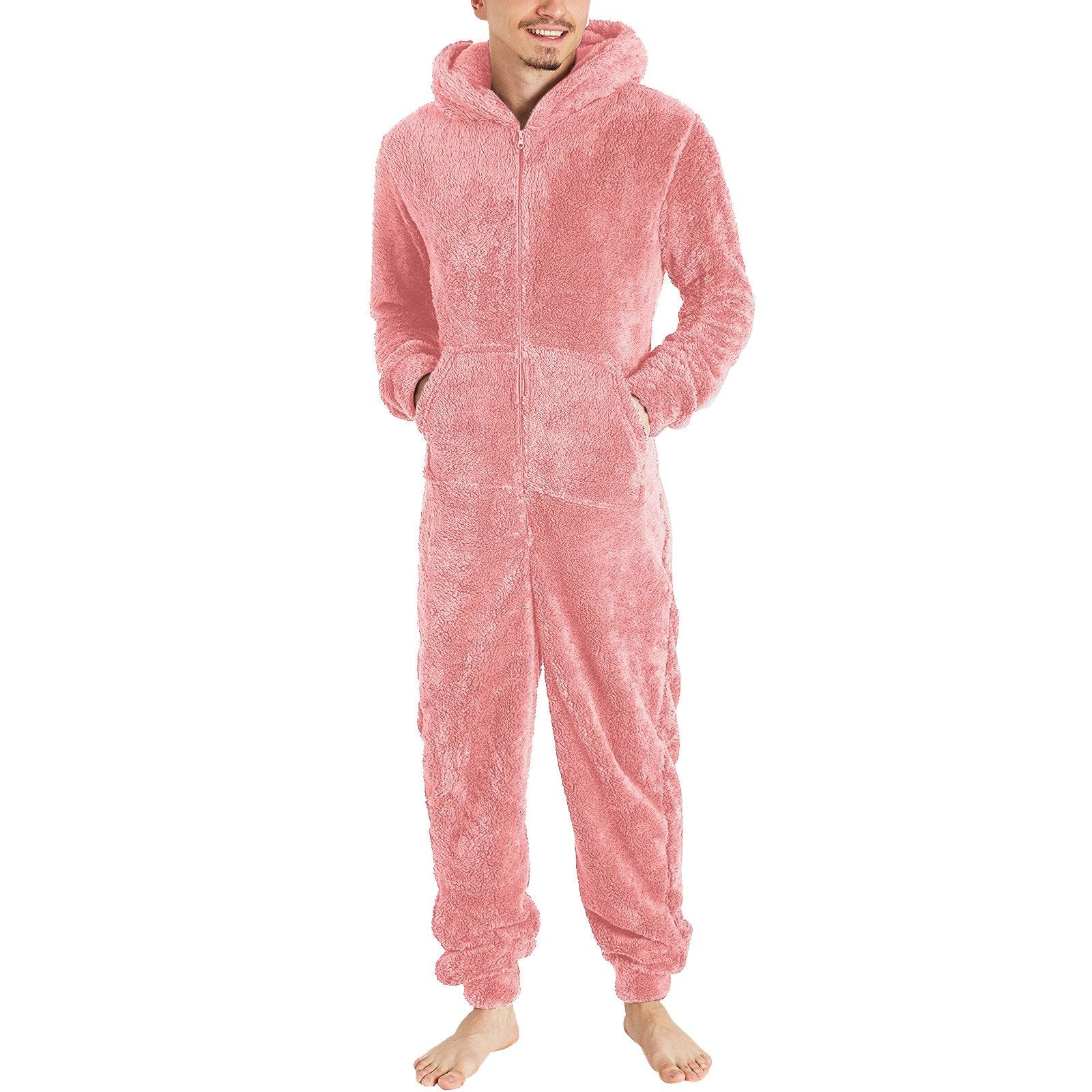 Couple men's thickened warm plush zipper hooded jumpsuit onesies