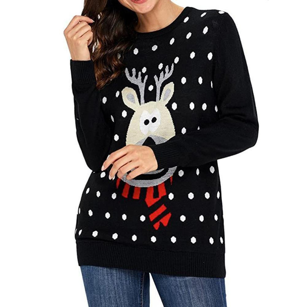 Women's Christmas Ugly Sweater Round Neck Black Sweater with Santa Reindeer Cartoon Knit|?PajmasBuy