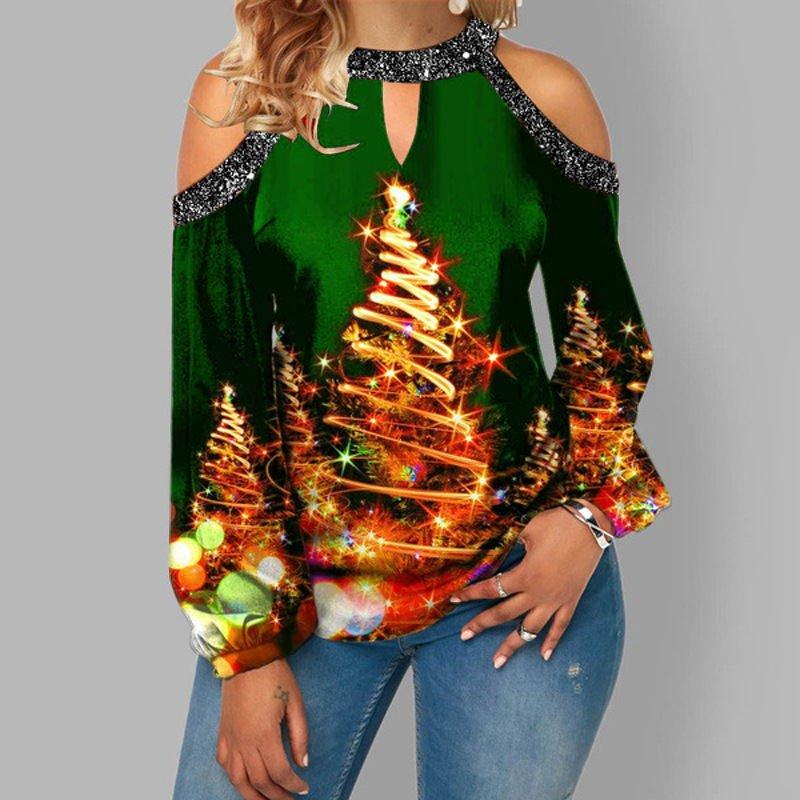 Deer Print Sexy Off-shoulder Plus Size Blouse with Lantern Sleeves T Christmas Women's Clothing