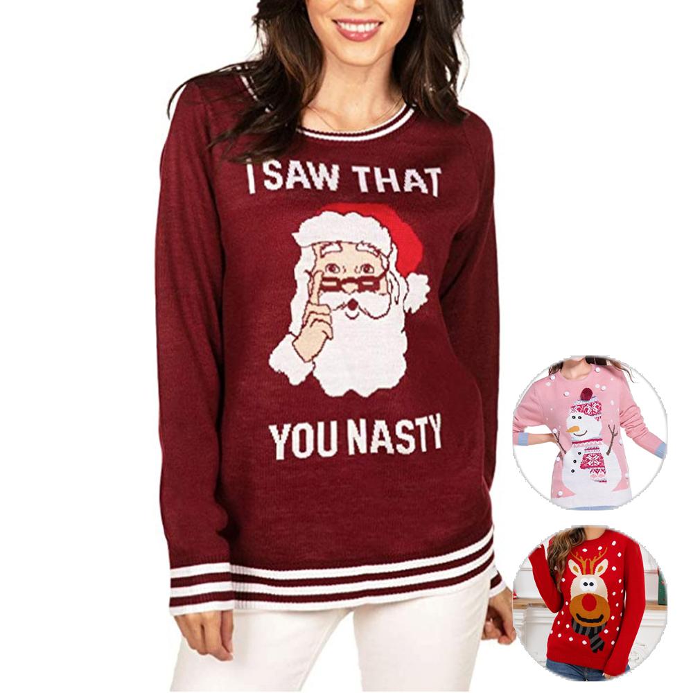 Women's Christmas Ugly Sweater Cute Cartoon Knit Patterns In Red Pink and Burgundy|?PajmasBuy