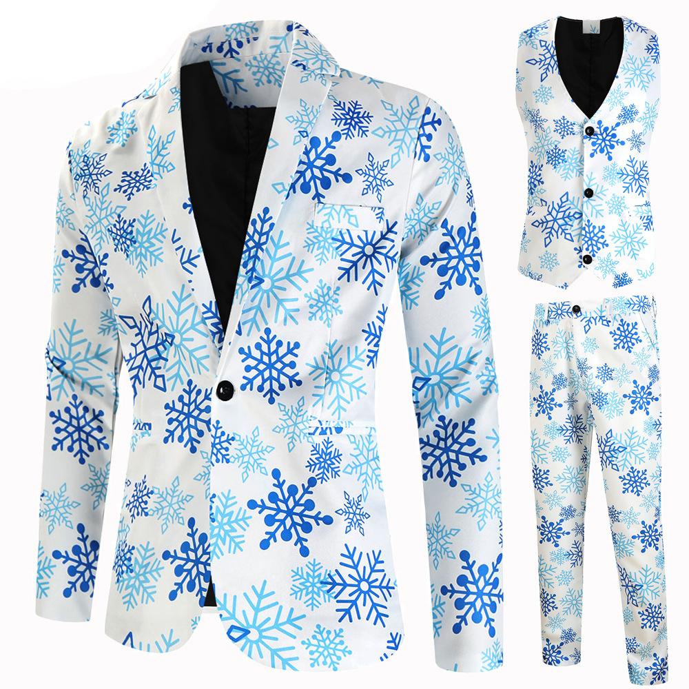 Christmas light blue men's Blazer suits Santa 3D print trousers with vest