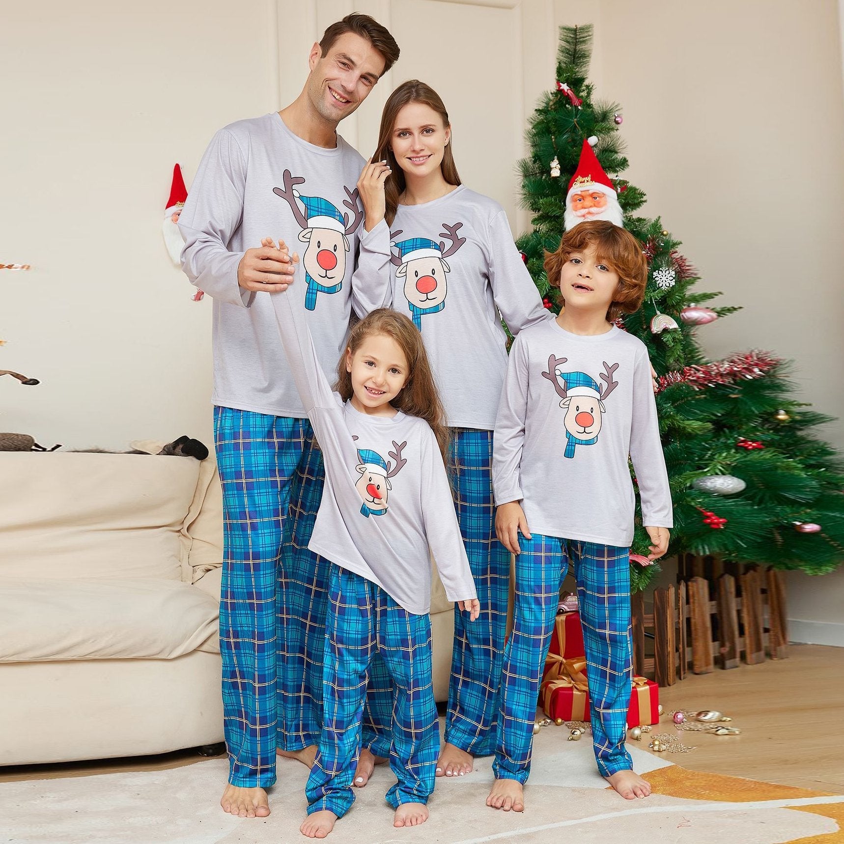 Deer Head Blue Plaid Crew Neck Christmas Family Couples Matching Pajamas Party Sets