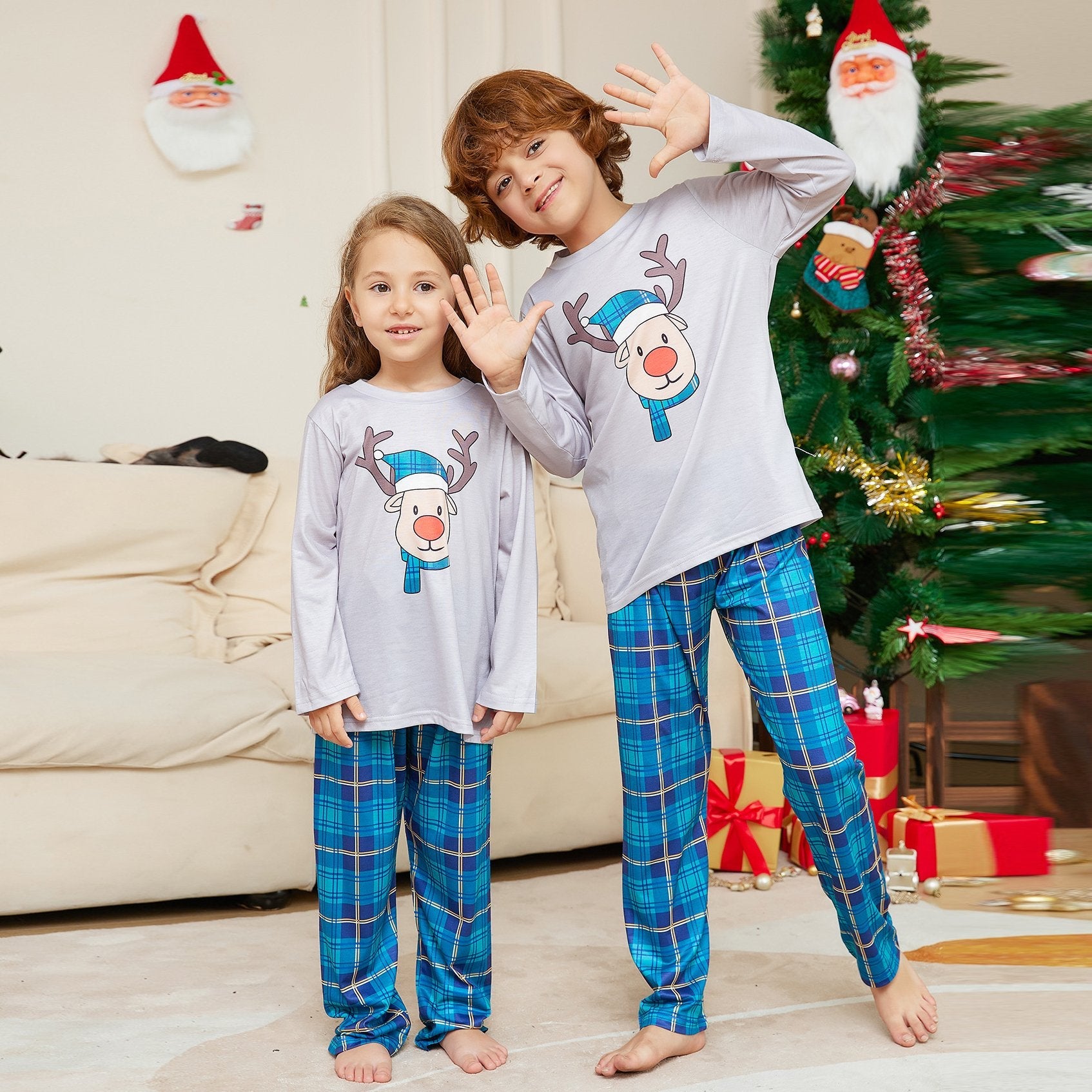 Deer Head Blue Plaid Crew Neck Christmas Family Couples Matching Pajamas Party Sets