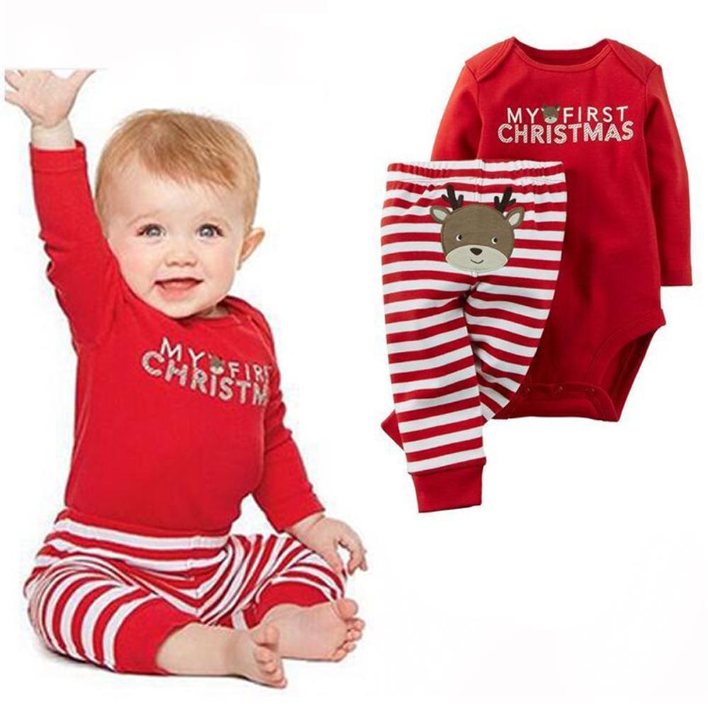 Baby Christmas Santa Elk Print 2 Piece Red Bodysuit Striped Pant Set