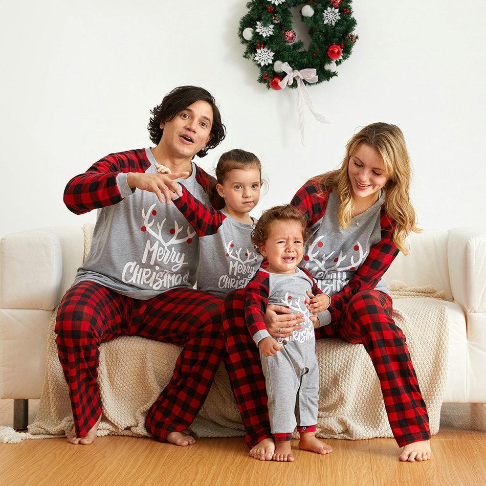 Christmas Family Matching Deer Print Plaid Pajamas Two Pieces Set