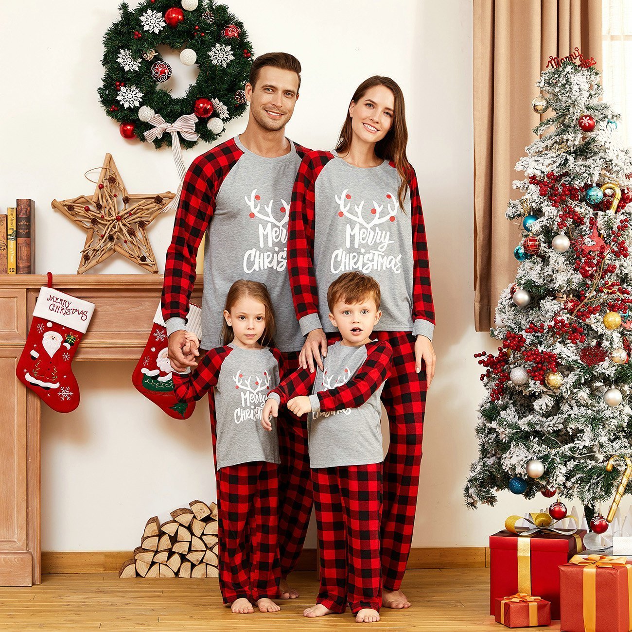 Christmas Family Matching Deer Print Plaid Pajamas Two Pieces Set