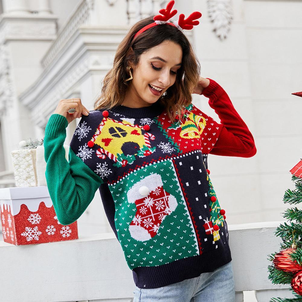 Snowflake Christmas Tree Pattern Loose Long Sleeve Women Ugly Christmas Sweaters