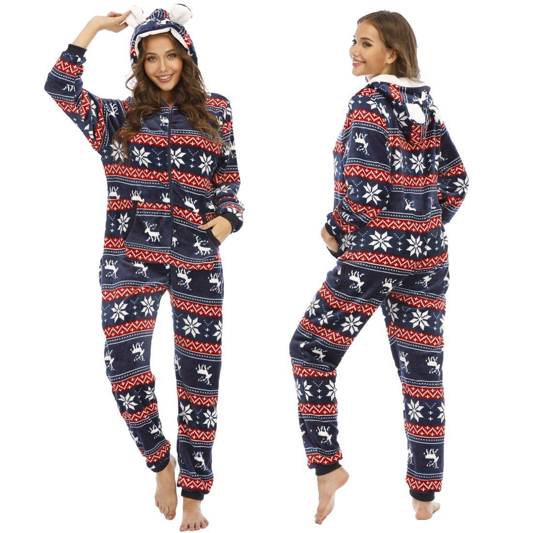 Women's Pajamas Coral Fleece Christmas elk snowflake Onesie Hooded Jumpsuit Pajamas for Adult