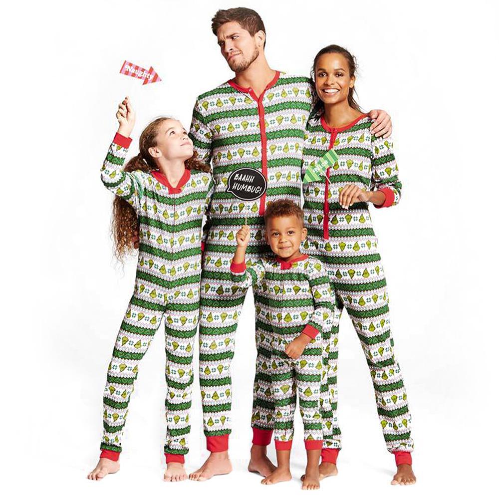 Green Striped Print Family Matching Christmas Jumpsuit Pajamas onesies