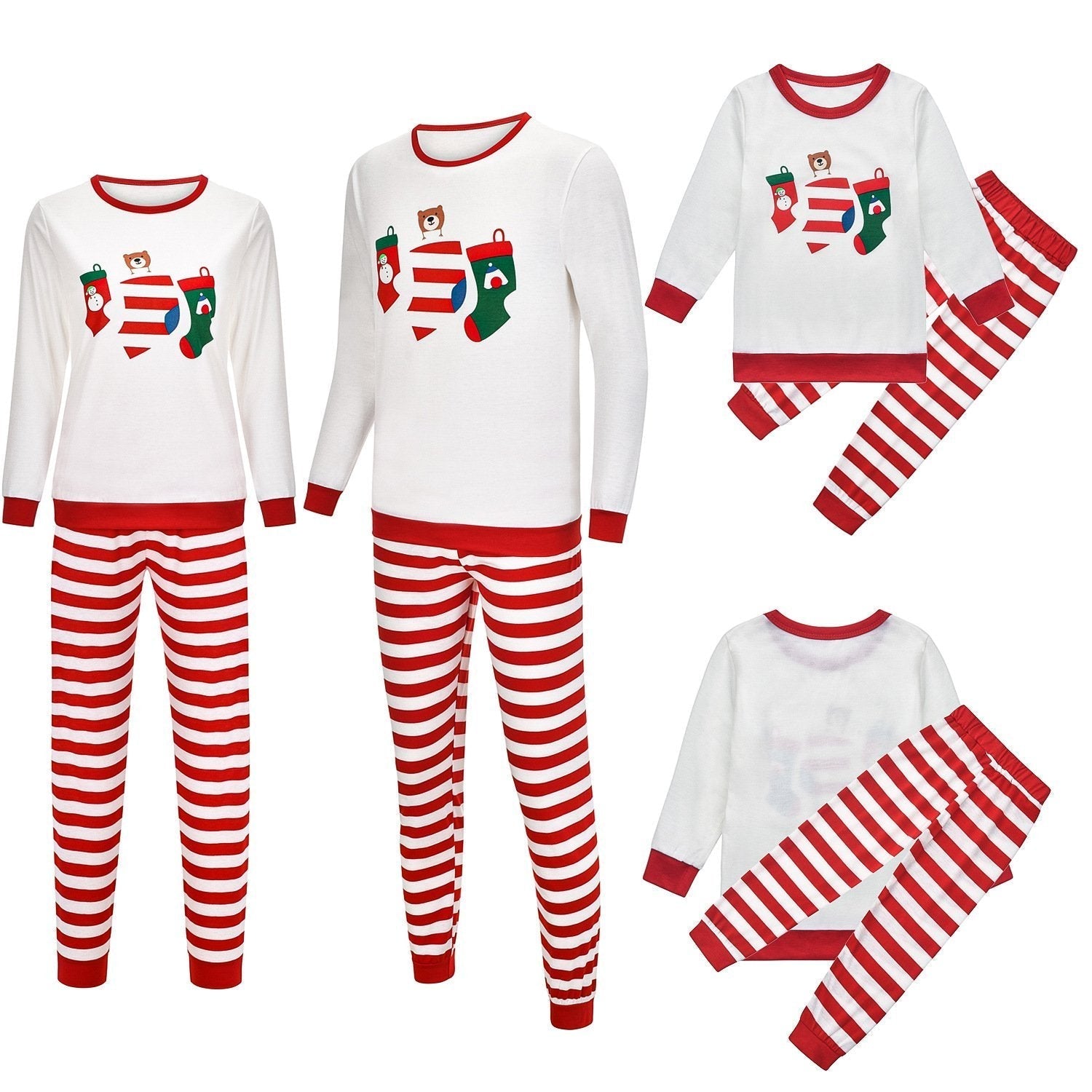 Christmas Family Matching Sleepwear Pajamas Sets White Stocking Bear Top and Red Stripes Pants