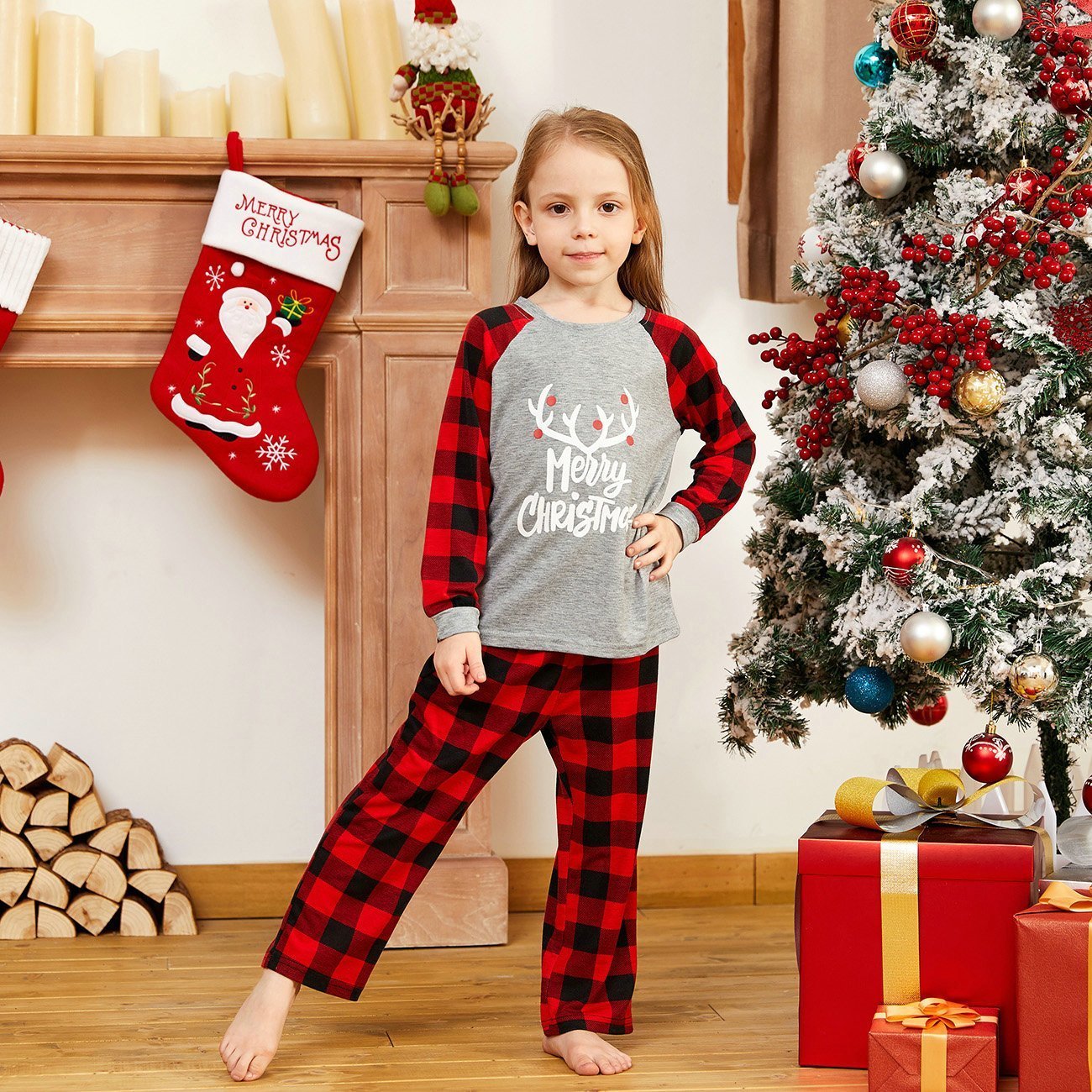 Christmas Family Matching Deer Print Plaid Pajamas Two Pieces Set