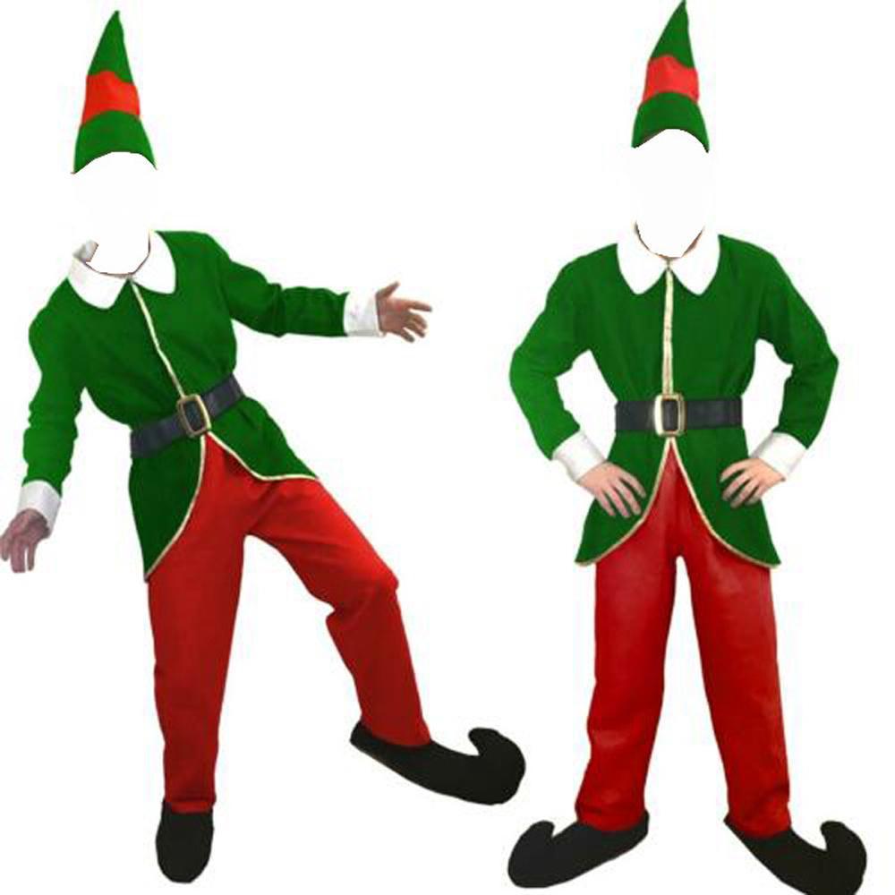 Christmas Elf Costumes for Mens Full Set Halloween Cosplay Holiday Party Green Suit