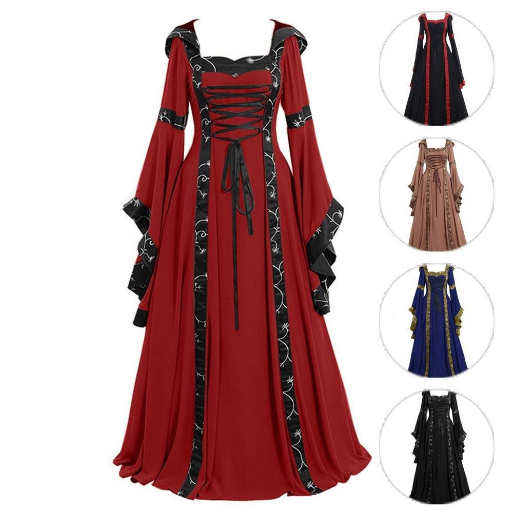 Medieval Retro Hooded Dress Costume Square Neck Tie Trumpet Sleeves Big Swing Skirt - Pajamasbuy