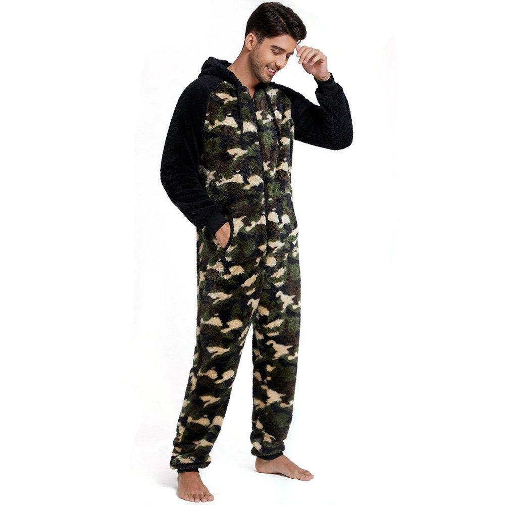 BuyMen's Christmas Pajamas Hooded Thick Double Side Fleece Camouflage Zipper Jumpsuit Home Wear Now Cheaper With 3 - 5 Days Ship - PajamasBuy