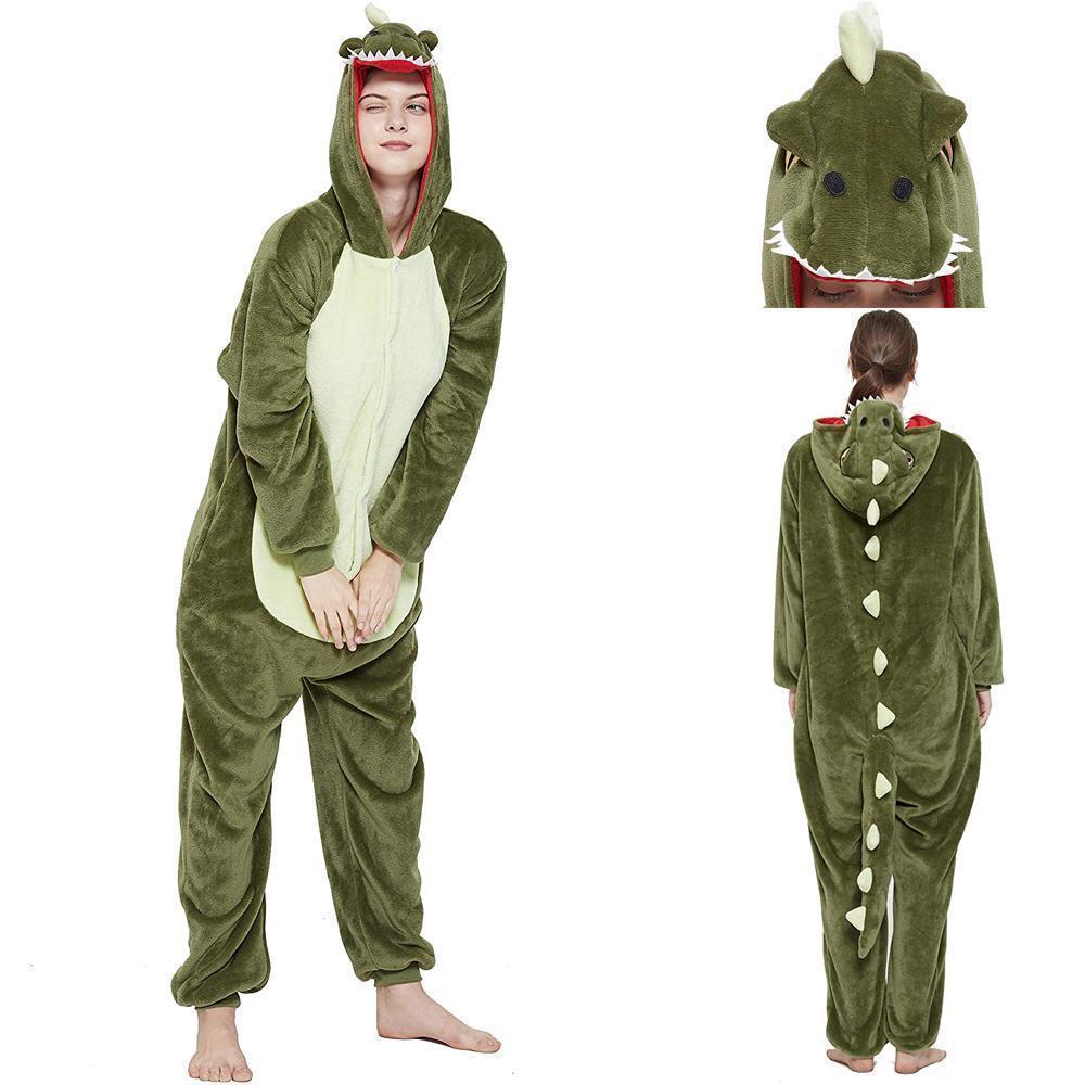 Onesie Kigurumi Pajamas Print New green dinosaur Adult's Flannel Winter Sleepwear Animal Costume - Pajamasbuy