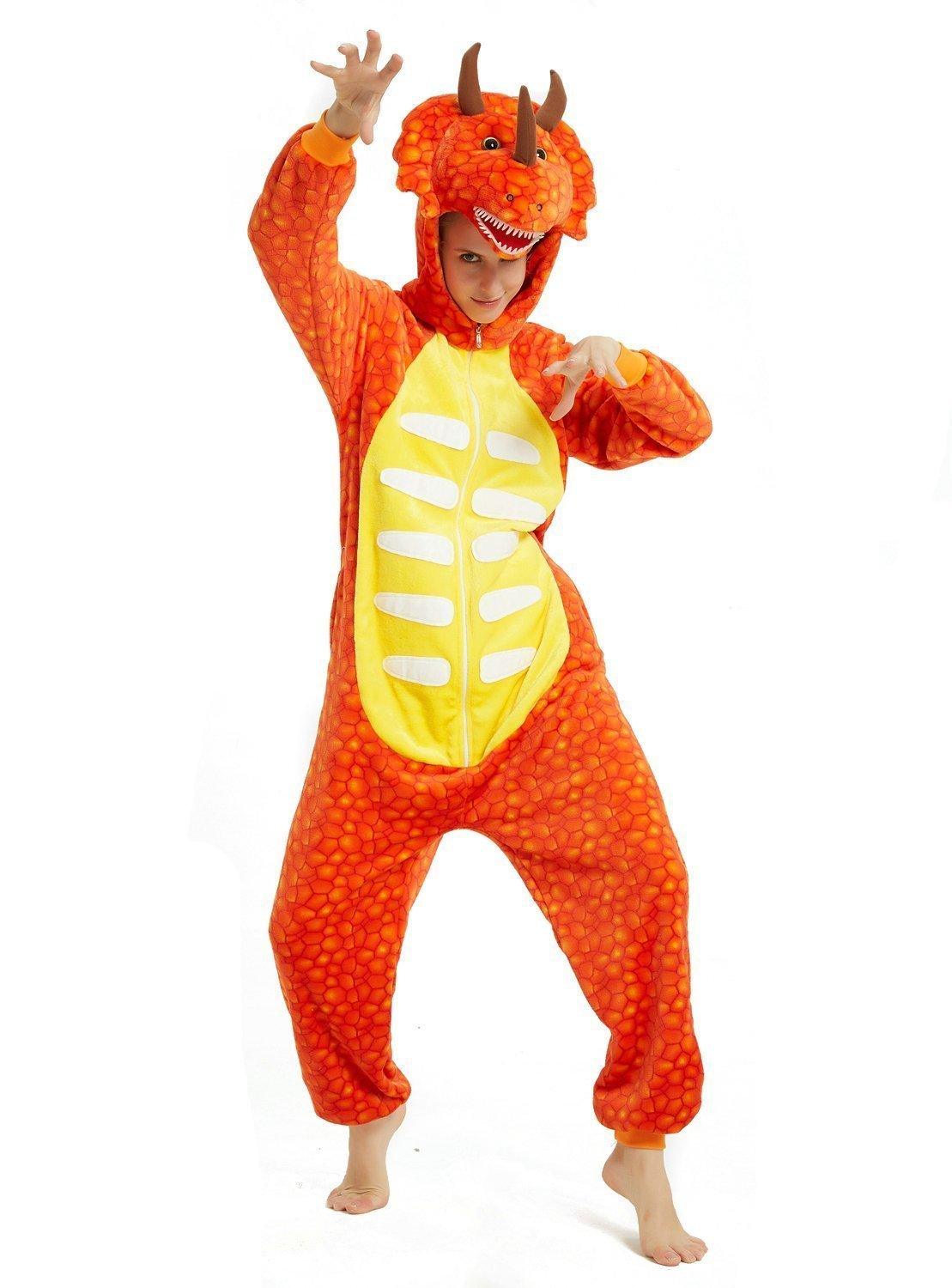 Orange triceratops Dragon Adult Kid Kigurumi Onesies Pajamas Costume - Pajamasbuy