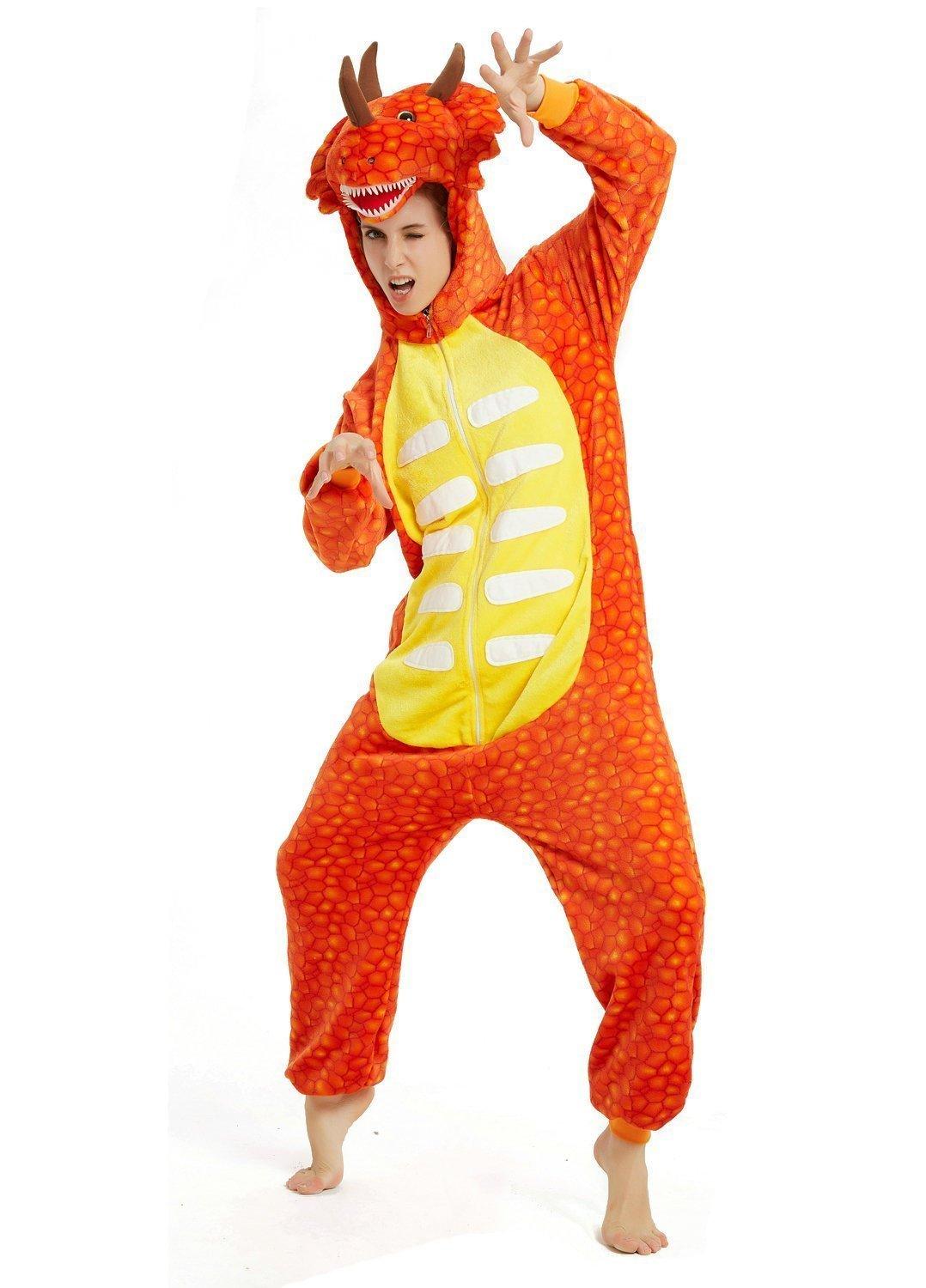 Orange triceratops Dragon Adult Kid Kigurumi Onesies Pajamas Costume - Pajamasbuy