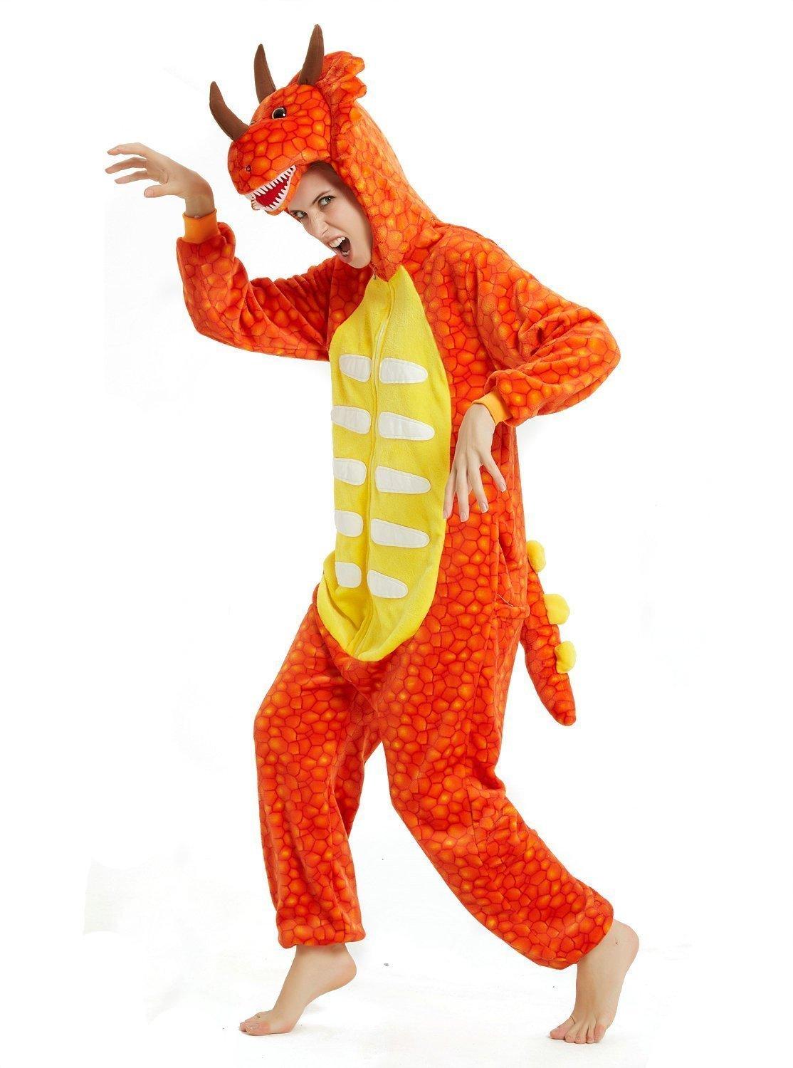 Orange triceratops Dragon Adult Kid Kigurumi Onesies Pajamas Costume - Pajamasbuy