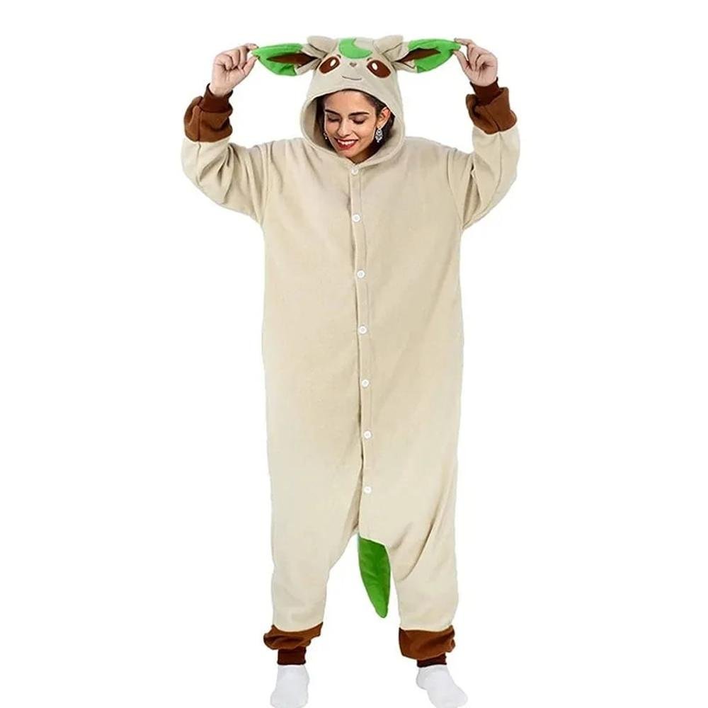 BuyPokémon Leafeon Kigurumi Onesies Costume Cozy Cartoon Fleece Pajamas Now Cheaper With 3 - 5 Days Ship - PajamasBuy