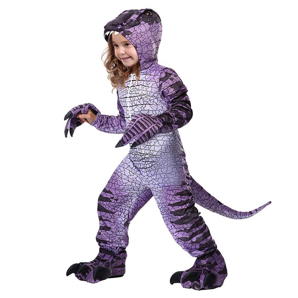 BuyRavenous Raptor Dinosaur Cosplay Costume Purple Hooded Jumpsuit Outfit Halloween for Kids Now Cheaper With 3 - 5 Days Ship - PajamasBuy