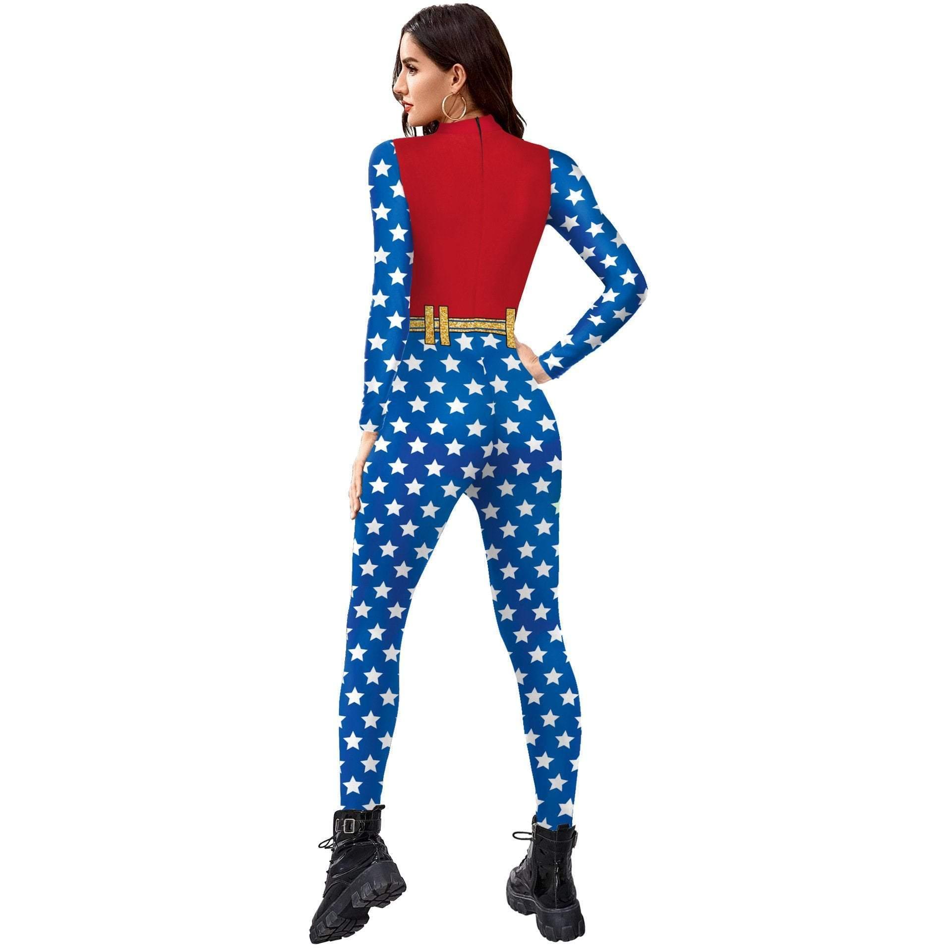 Superhero Wonder Woman Cosplay Costume Halloween Printed Jumpsuit Slim Fit Long Sleeve Party Outfit for Women - Pajamasbuy