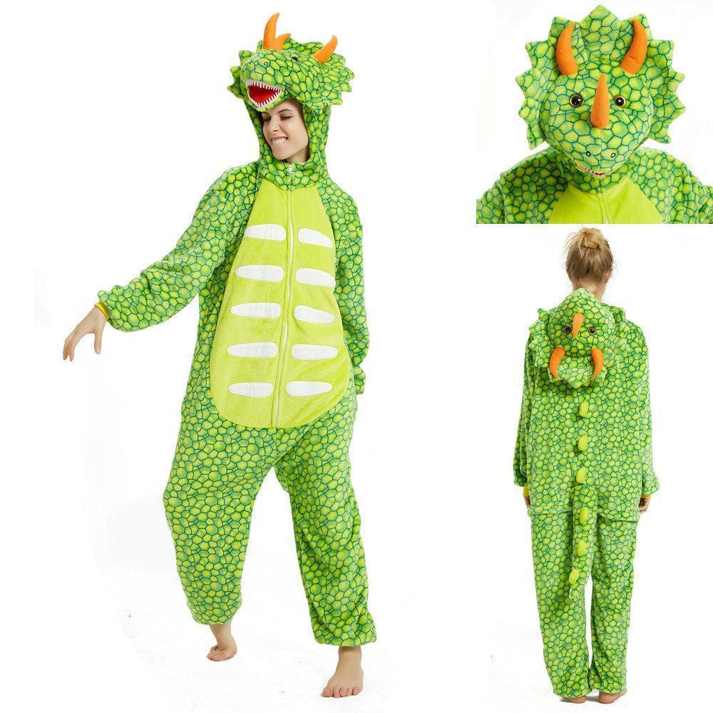 Triceratops Dragon Adult Kigurumi Onesies Pajamas Jumpsuit Animal Costume Light Green - Pajamasbuy