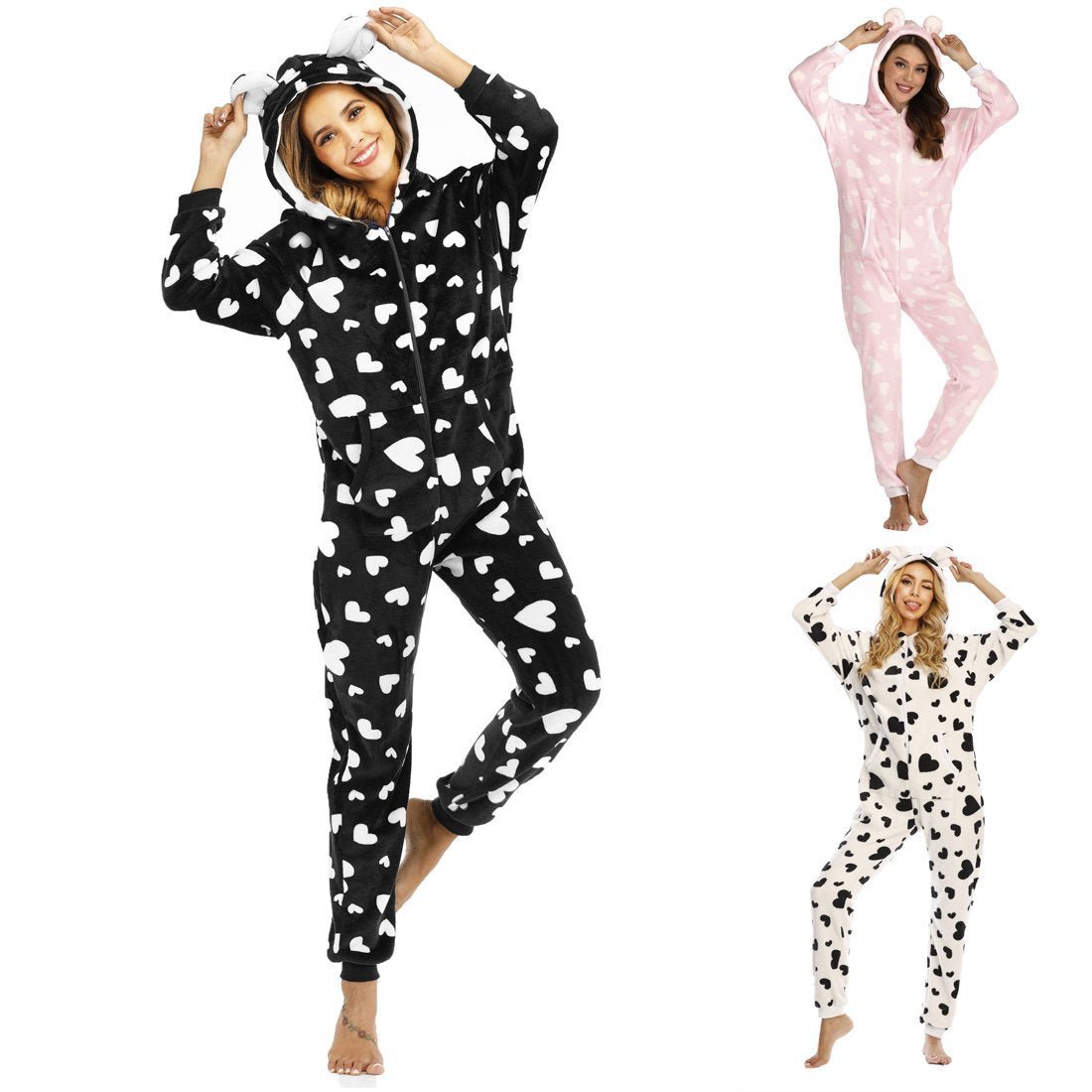 BuyWomen's Heart Zipper Onesie Pajamas One - Piece Hooded Jumpsuit Union Suit Adult Now Cheaper With 3 - 5 Days Ship - PajamasBuy