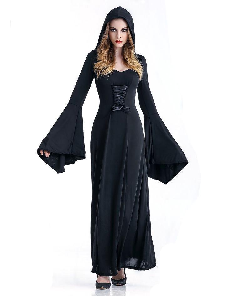 Women's Medieval Vintage Demon Hooded Witch Dress Cosplay Costume Halloween Renaissance Gothic - Pajamasbuy